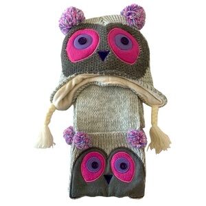 Kids Knit Owl Beanie Hat With Matching Pocket Scarf One Size